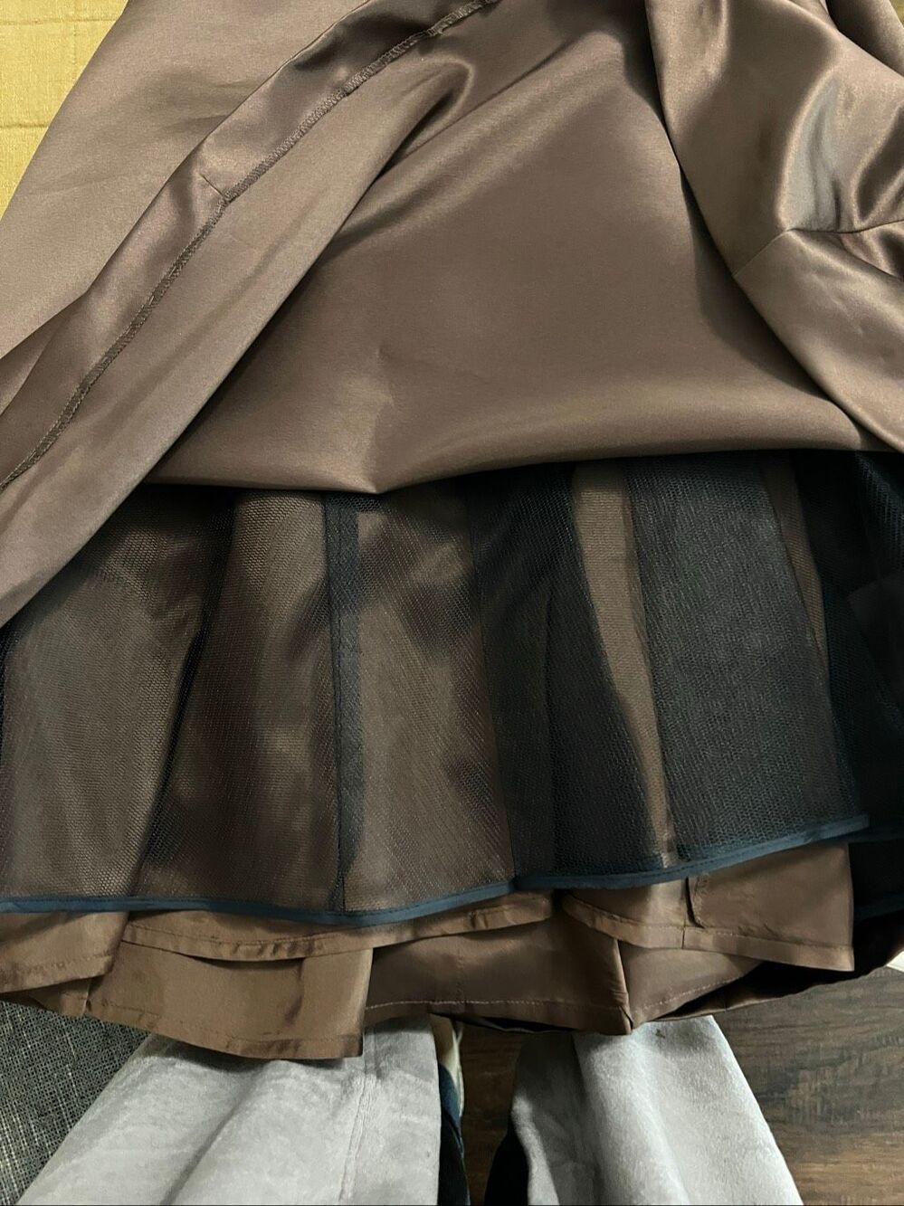 Bill Levkoff Chocolate Brown Satin Strapless Fit Flare Midi Dress Ivory Sash 6 - Picture 8 of 8